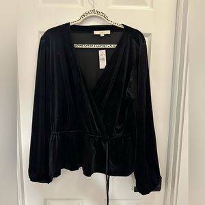 Black long sleeved black velvet top with tie front